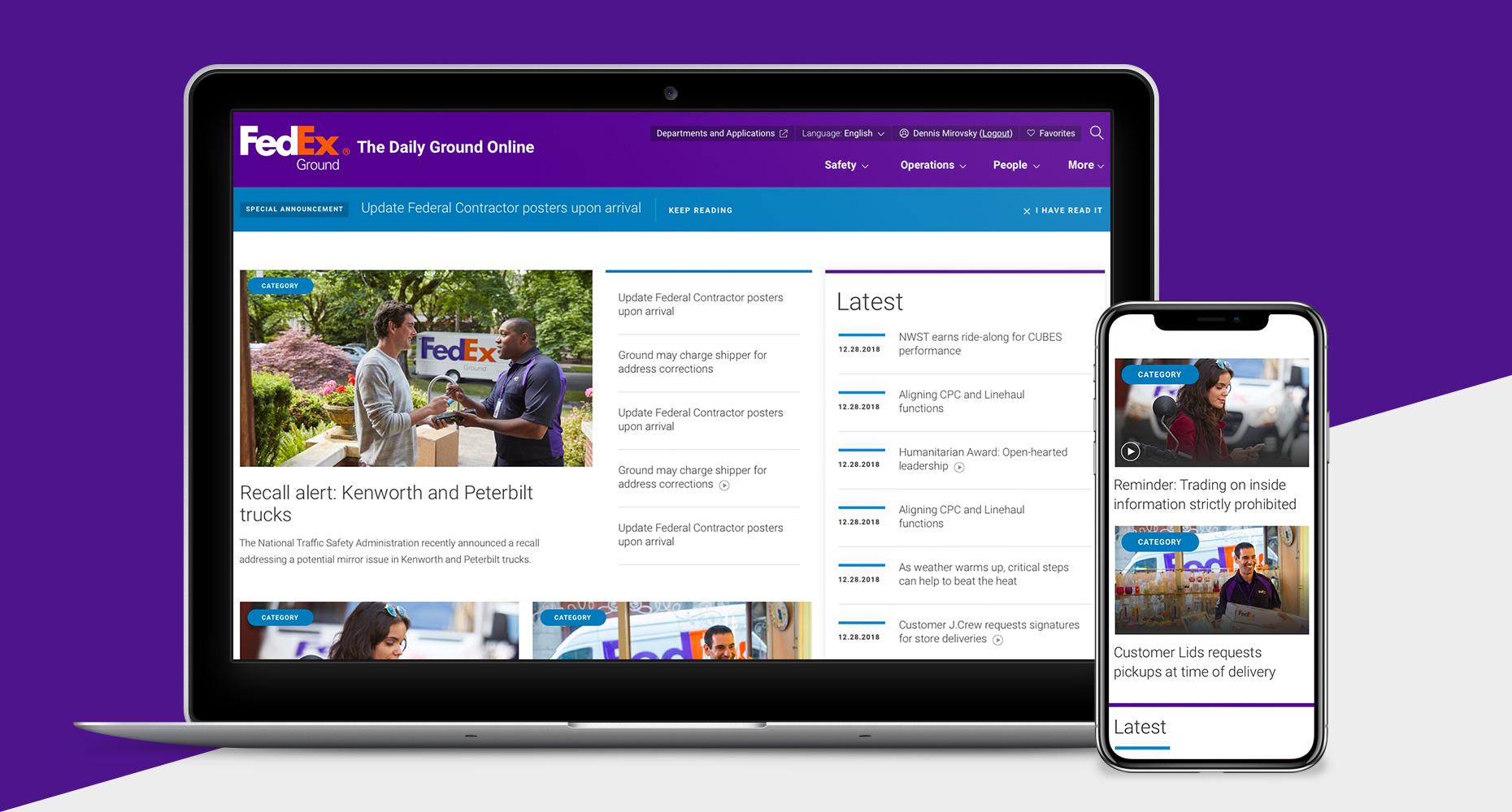 FedEx responsive experience shown on laptop and mobile