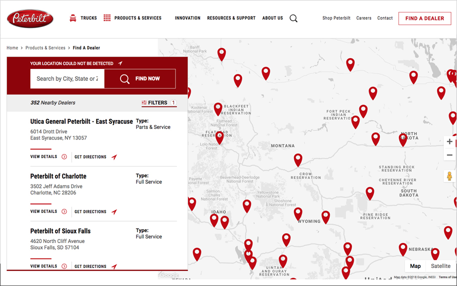 Peterbilt dealer finder interface with location map