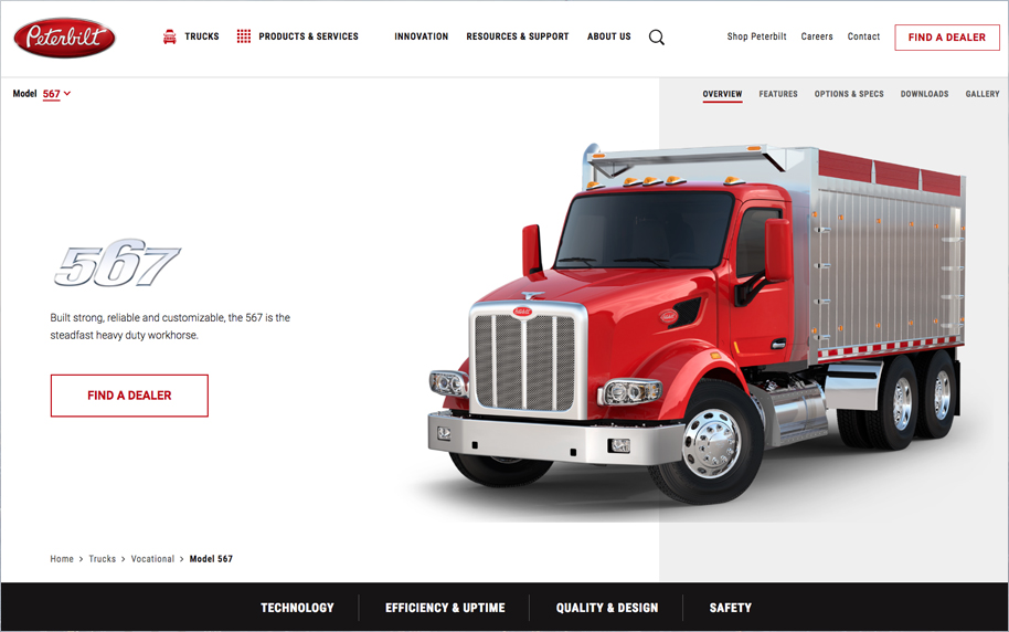 Peterbilt responsive website design shown on desktop